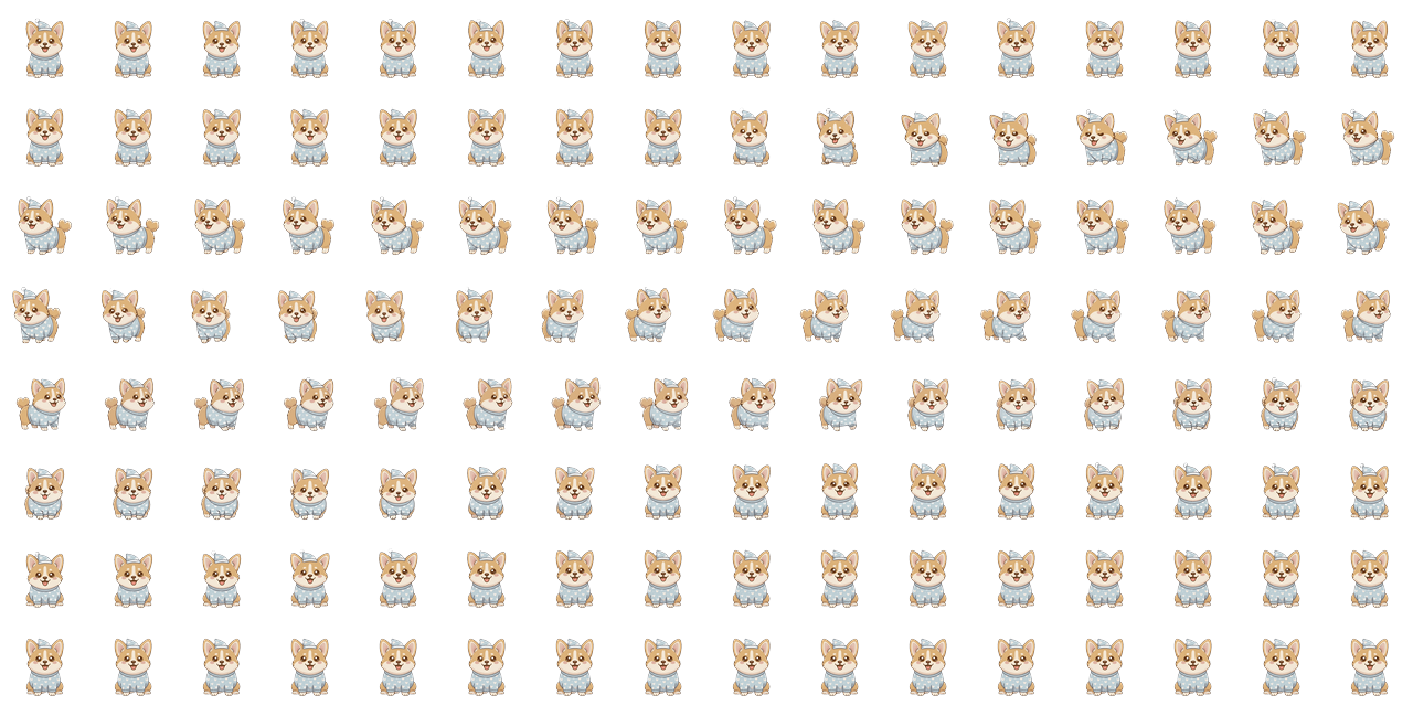 Corgi healthy pacing animation spritesheet — 128 frames in a 16×8 grid